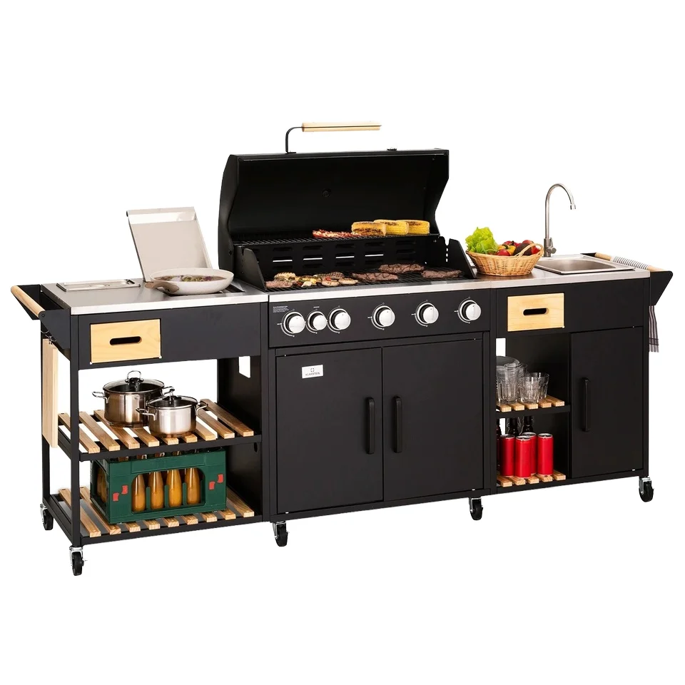 

BBQ Grill Patio Table Combination Modern Outdoor Kitchen with Side Stove Sink Movable Outdoor Island
