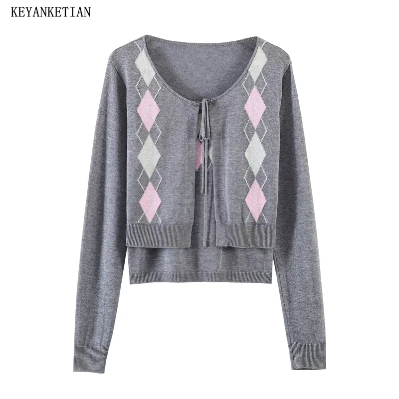 KEYANKETIAN 2026 New Women's American Retro Cropped 2-in-1 Knit Top Argyle Slim Fit Tie Front Y2K Preppy Cardigan Asymmetrical