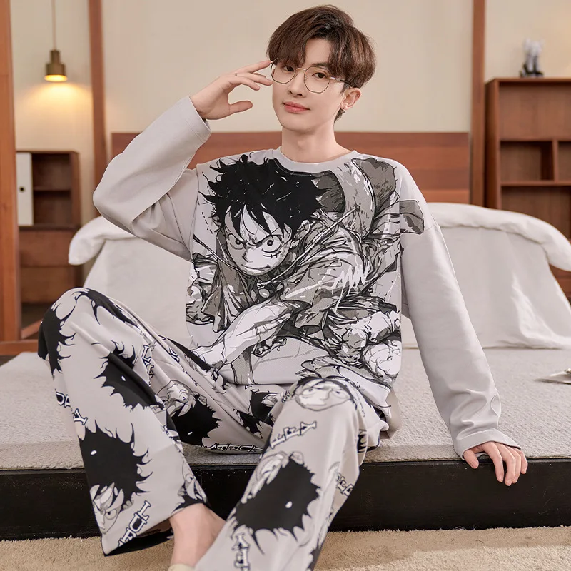 Detective Conan Men's Spring and Autumn Cotton Thin Pajamas Men's Long Sleeve Pullover Crew Neck Teen Homewear Suit