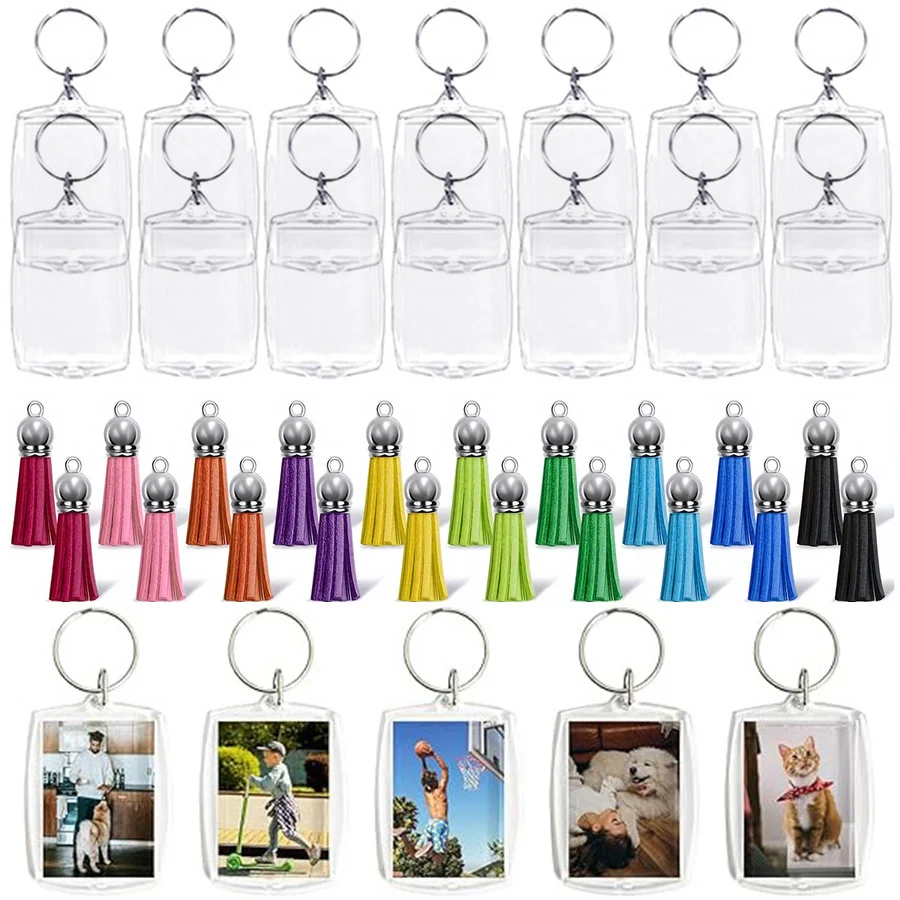 10/20Set Random Color Photo Frame Keychain Kit Blank Keyring with Tassels Creative Craft Bag Pendant for Pet Lover Family ZYF