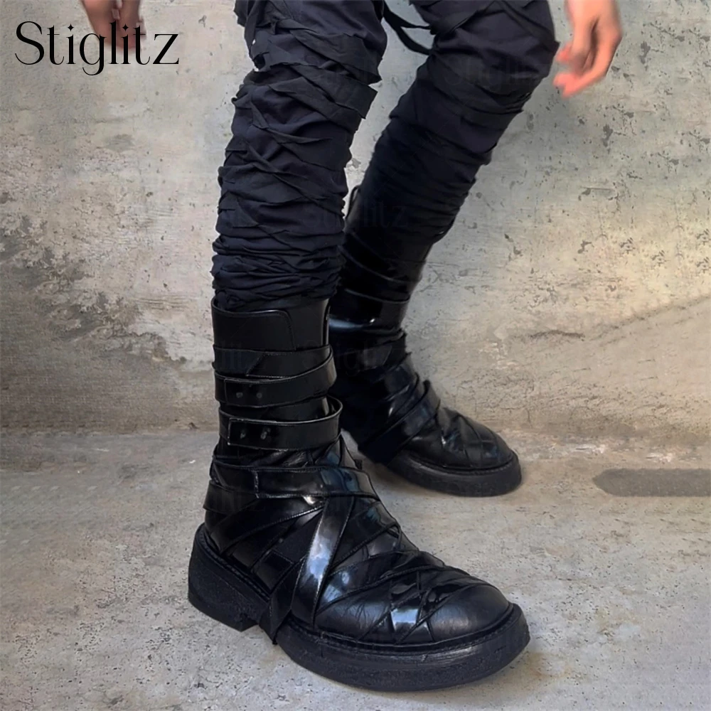 Patent Leather Strapped Boots Designer Style Luxury Handcrafted Boots Multiple Straps Concealed Buckles Genuine Leather Boots