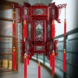 Chinese Lantern Carved Wooden Palace Lantern Hexagonal Red Housewarming Outdoor Antique Decoracion Chinese New Year Decorations