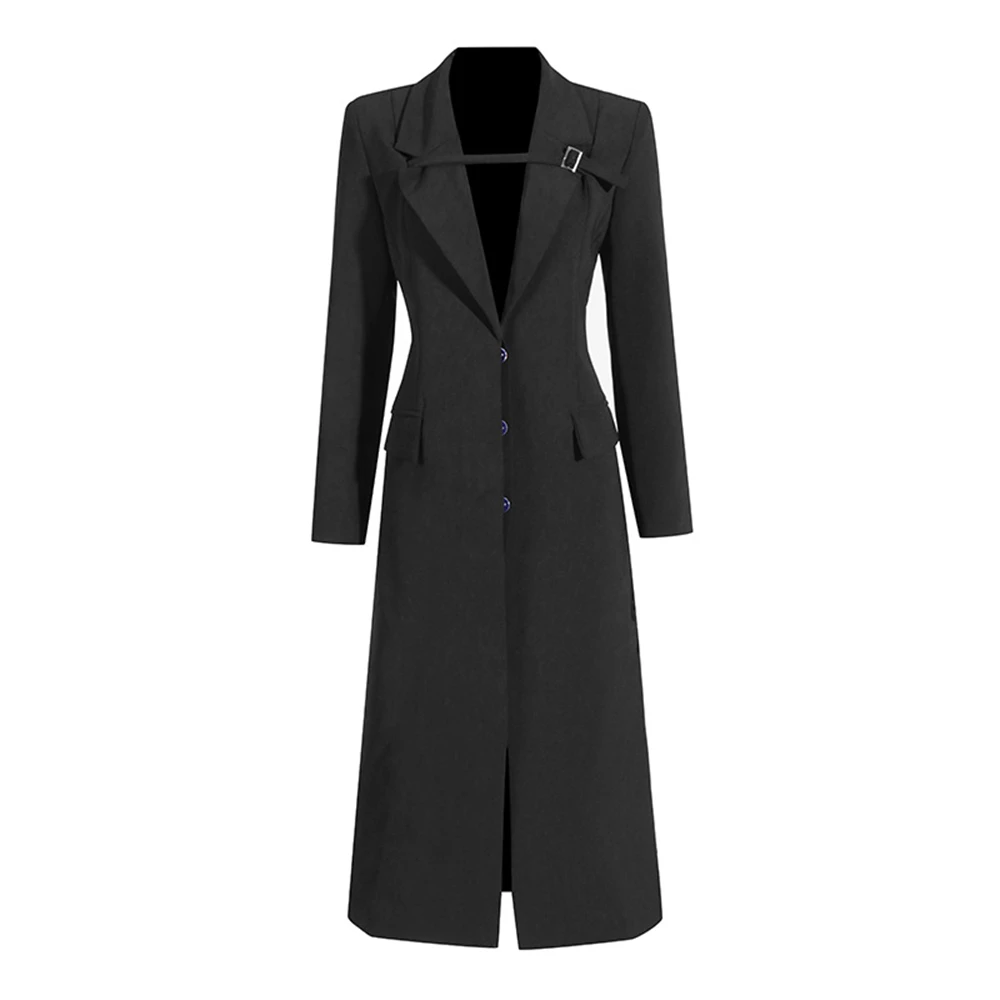 Slim Fit Long Suit Jacket for Women Solid Black Fashionable Suit Blazer Autumn Long Coat One Button Jackets