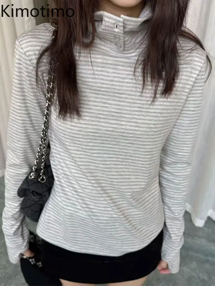Kimotimo Retro Striped Turtleneck Long Sleeve T-shirts Women 2026 New Slim Fit Base Tops Korean Y2k Aesthetic Tees Ropa Mujer