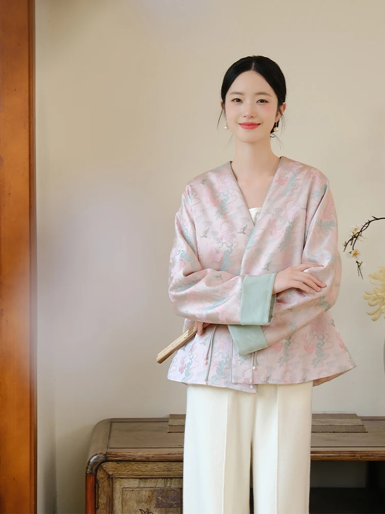 

Новый китайский костюм из хлопка с розовой цветочной вышивкой, поясом, в стиле дзен, с изображением горного журавля и сосны