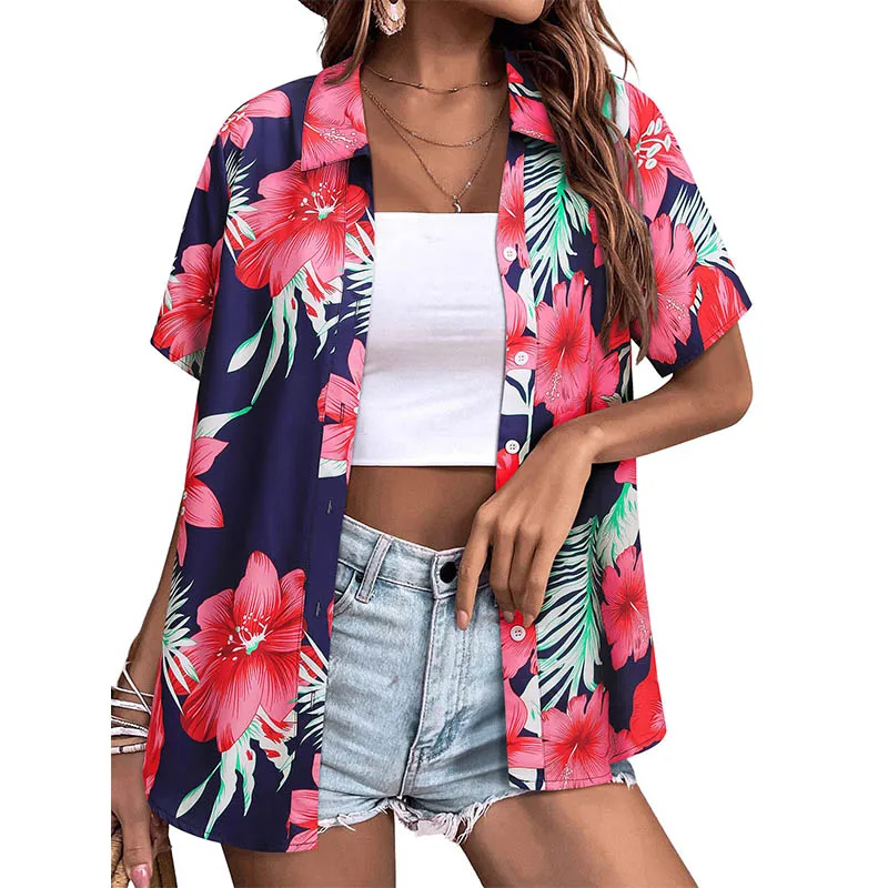 Summer Hawaiian Tropical Floral Shirts 3D Print Women Short Sleeve Shirt Button Blouses Harajuku Oversized Tops Woman Clothing