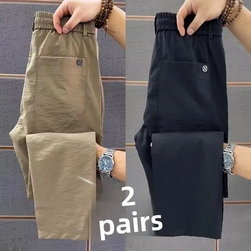 

Ice Silk Elastic Waist Straight Leg Men's Casual Pants Summer Cool Feeling Loose Fit Sports Style Fashionable Casual Trousers