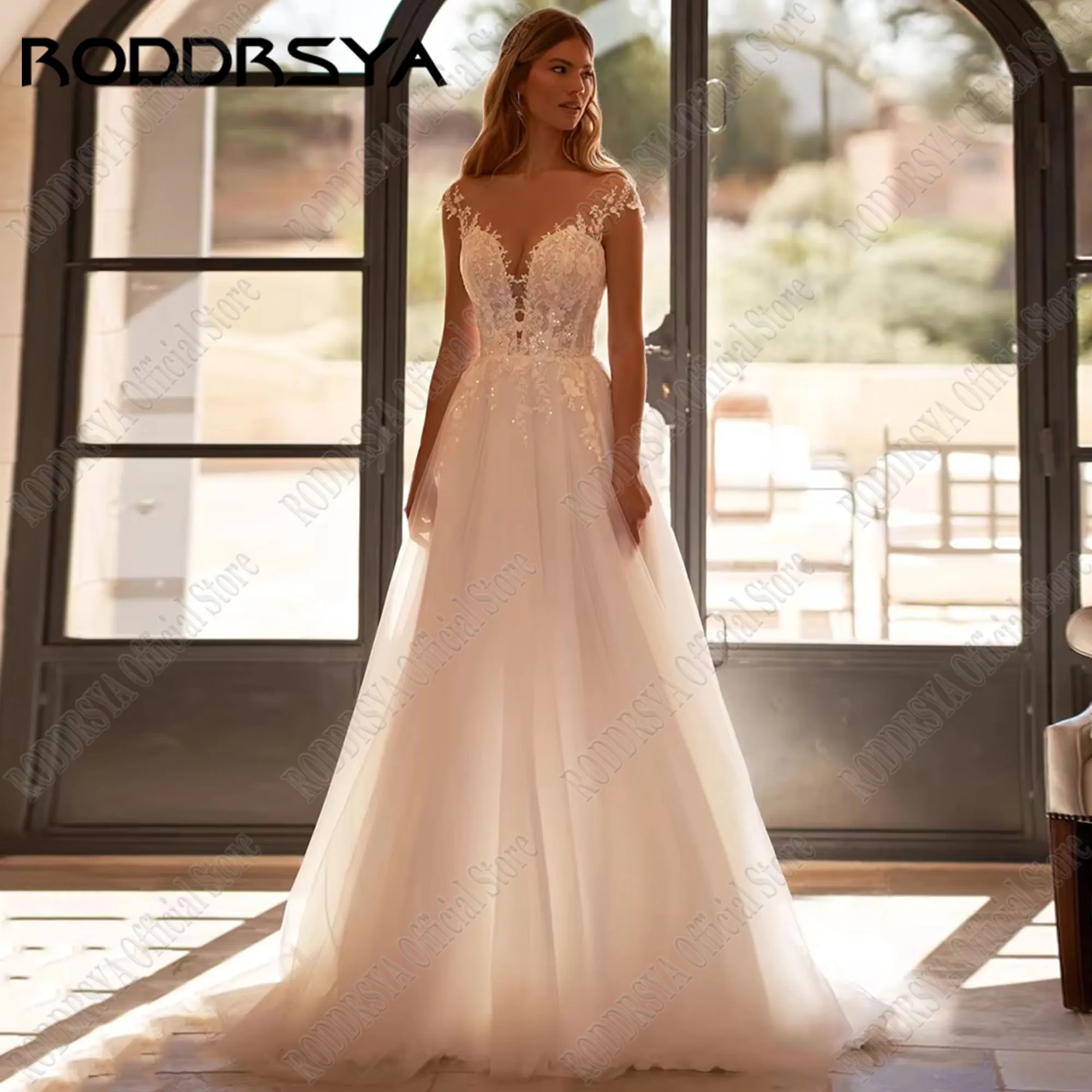 RODDRSYA-Robe de mariée bohème personnalisée, robe de mariée, mancherons, patients à sequins, tout ce qui est transparent, tulle trapèze, éducatif, 2024Roddrsya bohème robe de mariée chapeau de mariée manches paillette