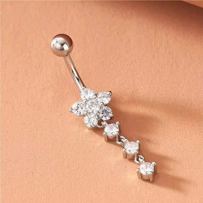 

Flower Tassel Belly Ring for Women Stainless Steel CZ Navel Ring Dangle Floral Plum Blossom Body Jewelry