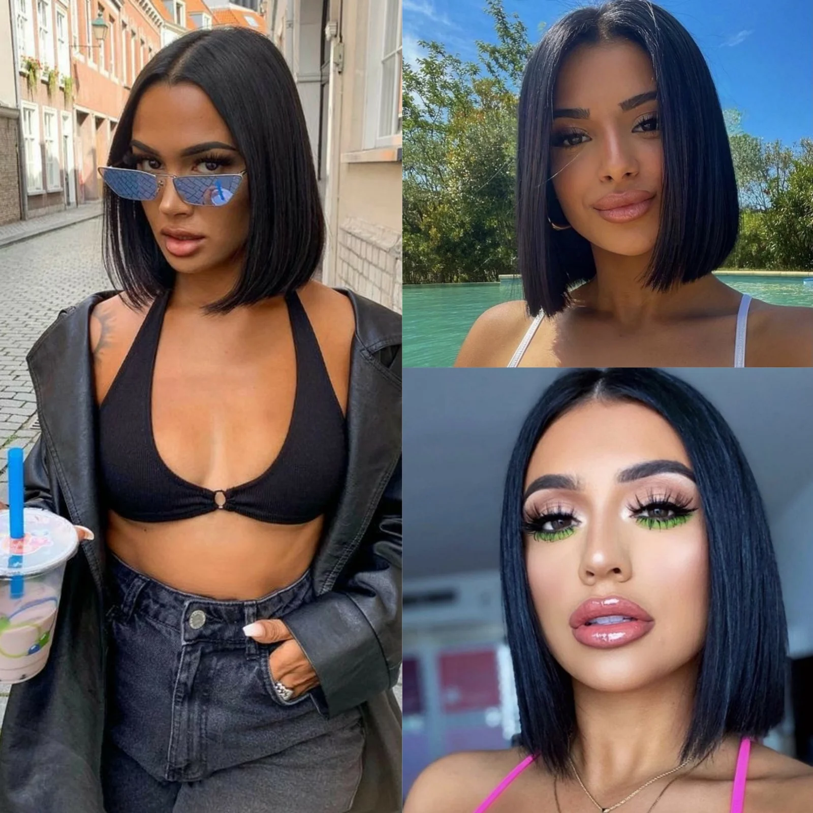Peluca de cabello sintético con encaje Frontal para mujer, sin pegamento pelo negro, corte Bob corto, recto, fiesta