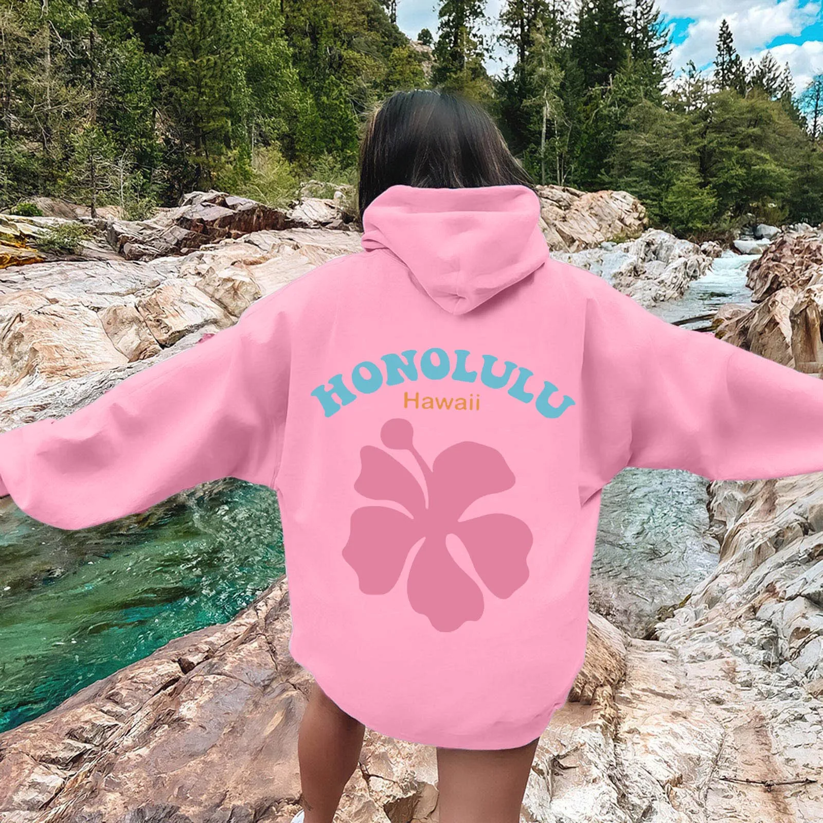 Hawaii Pink Flower Graphic letter Printed Hooded Women Oversized Hoodies High Quality Pullover Female Prevalent Sweatshirt Tops