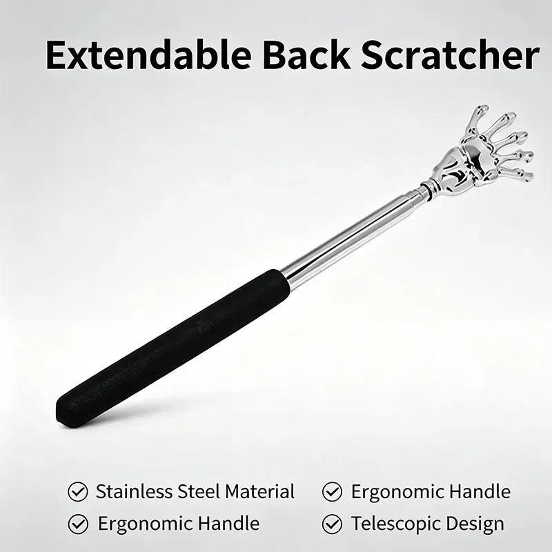 Telescopic Back Scratcher Skull Hand Stainless Steel Extendable Back Itch Reliever Non-slip Rubber Handle Portable Body Scratche