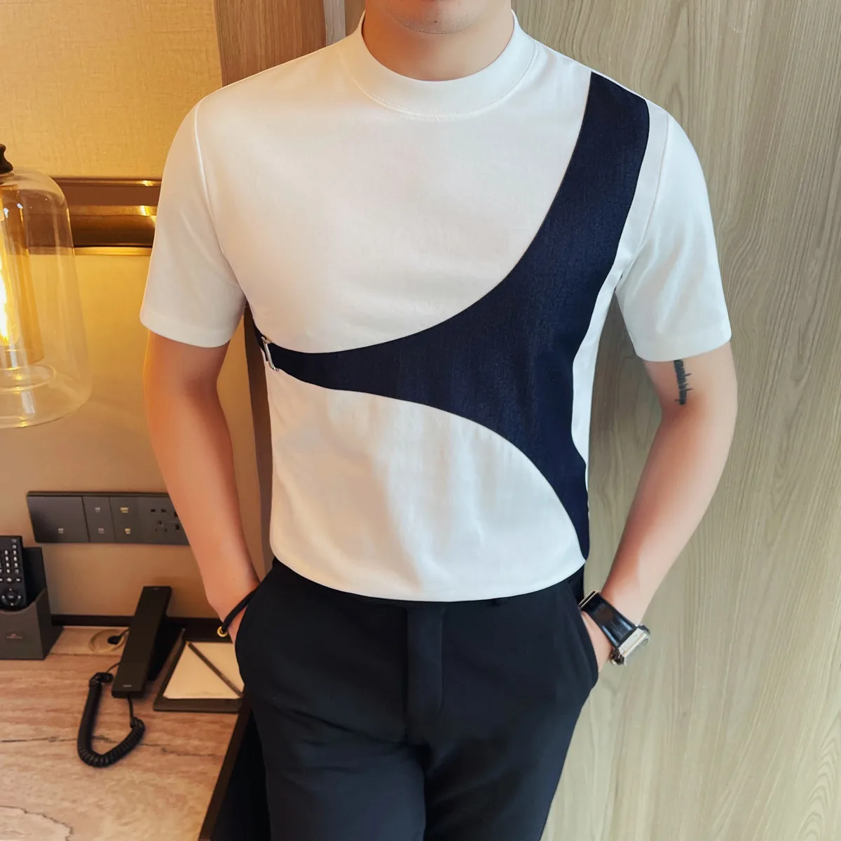 

Men's Stretch Cotton Crew Neck Tee Metallic Belt Accent 69% Cotton Urban Streetwear Top Asymmetric Panel Tailored Hem