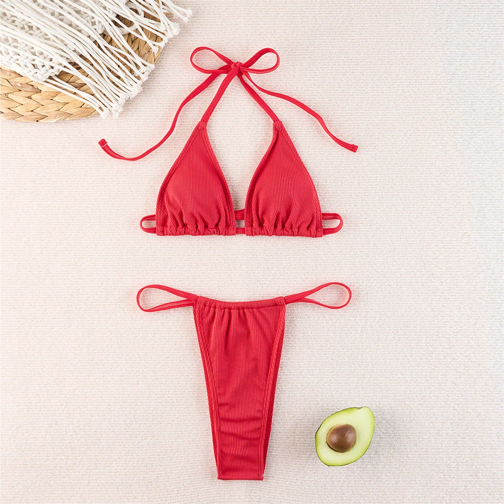 

Винтажный купальник в рубчик с треугольными завязками, бикини Micro Tanga, купальник с открытой спиной, пляжный бразильский женский купальный костюм Y2K для отпуска