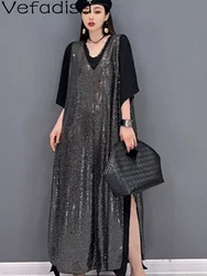 Vefadisa 2024 Summer Mid-length Chiffon Short Sleeve V-neck Dress + Sequins Sleeveless Leisure Vest Coat Sets Women's LHX4185