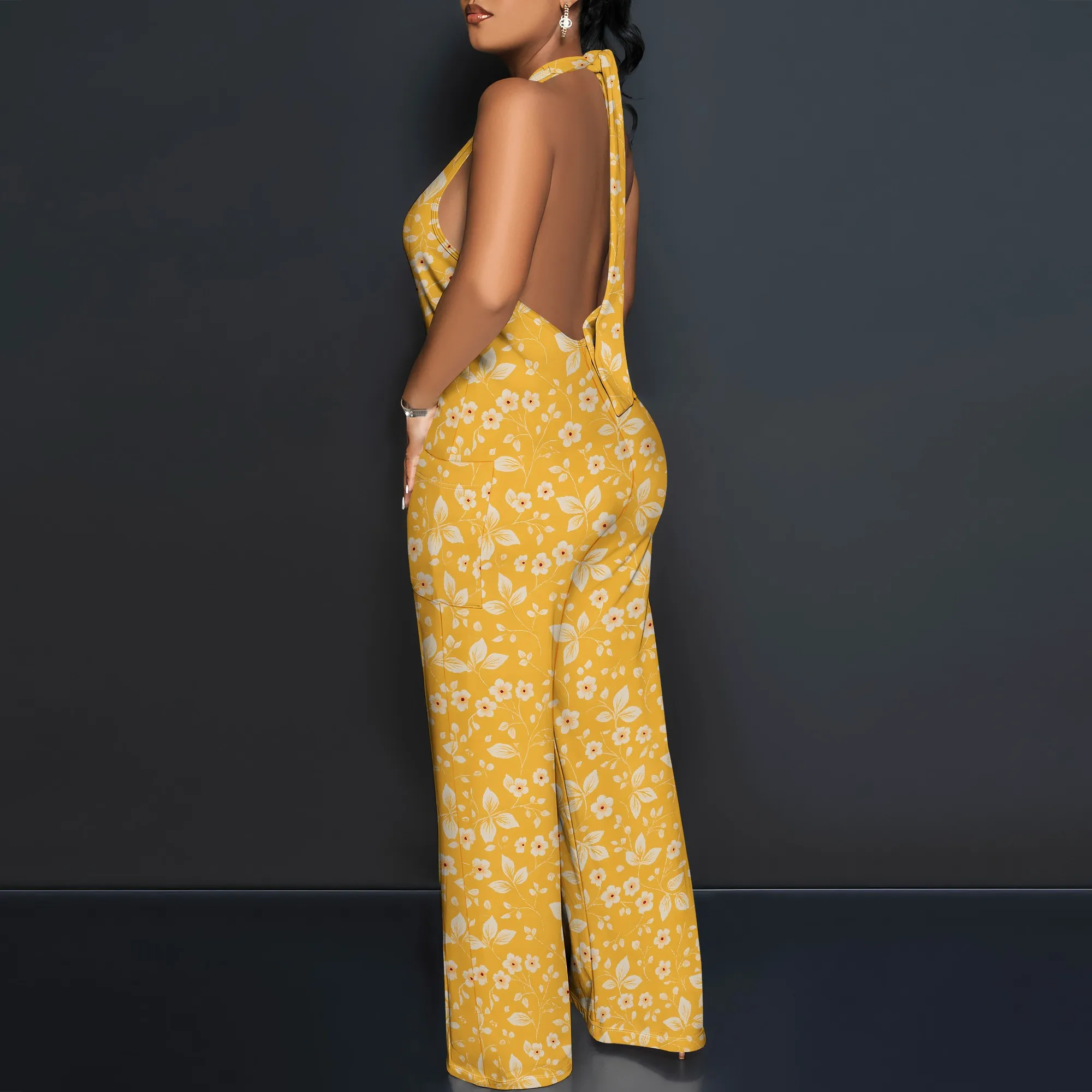 One Piece Jumpsuits สําหรับผู้หญิง Halter V คอกว้างขา Jumpsuit ฤดูร้อนสบายๆชุดวันหยุด