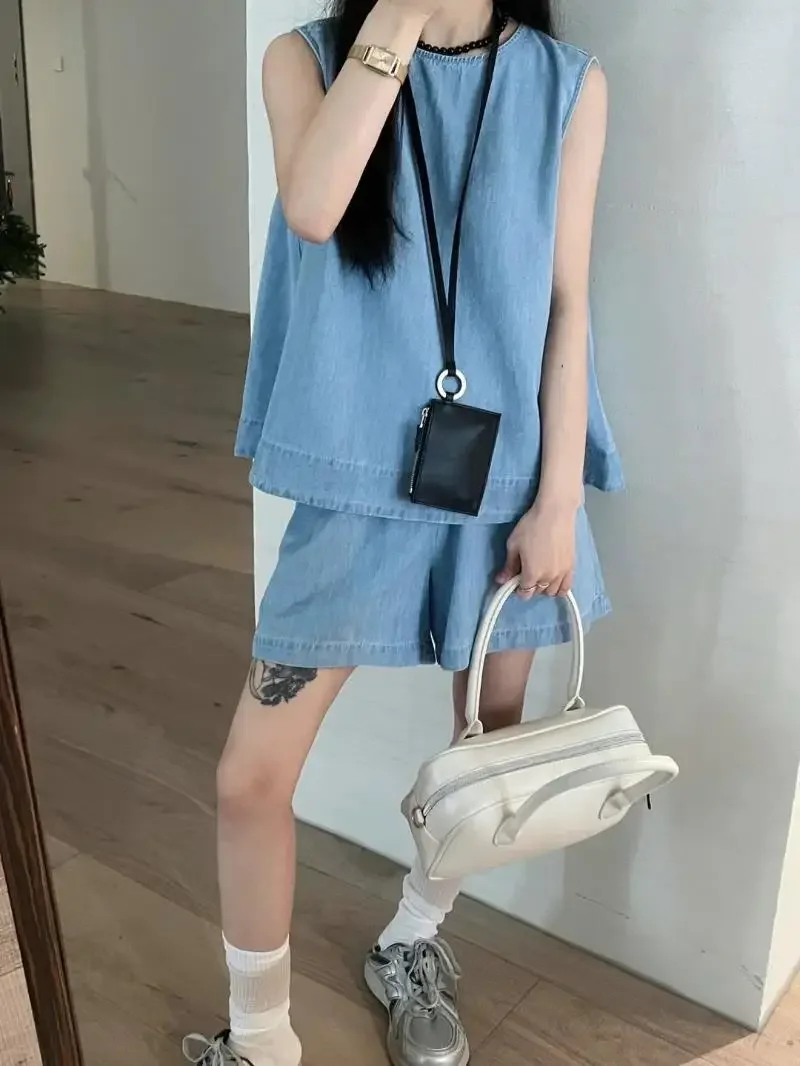 

Women's Short Sets 2 Pieces Sleeveless Baggy Light Blue Denim Tank Top Casual Complete Two Outfit Full Two-piece Female Shorts