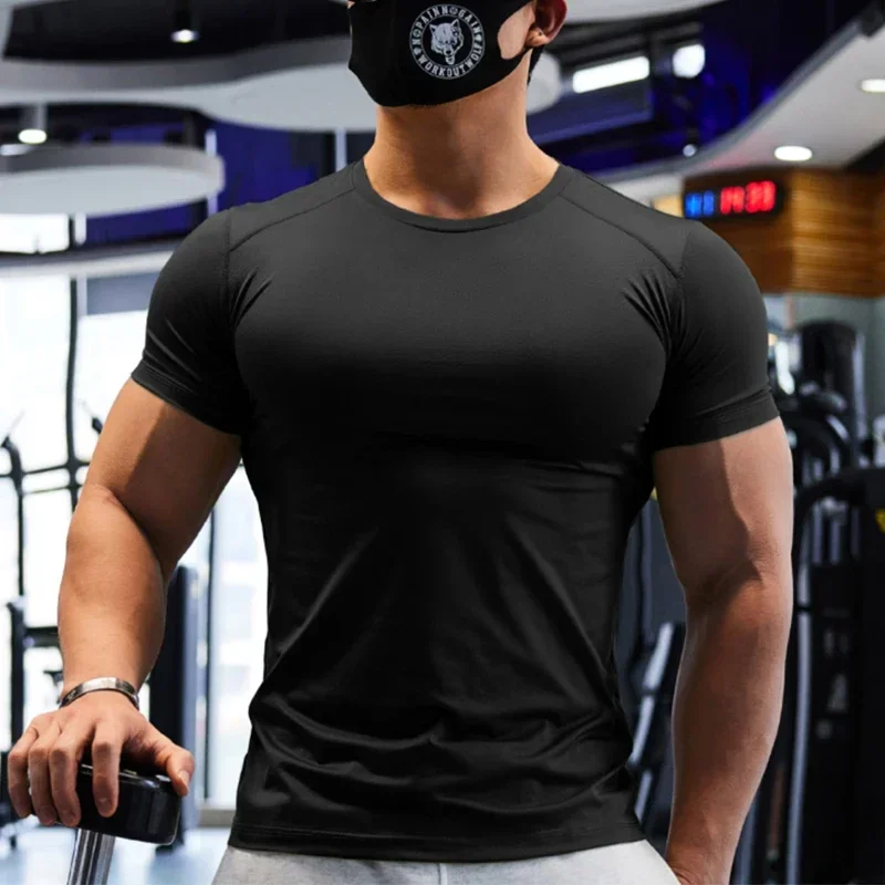 Gym T-shirt Man Plus Size Dry Fit Men's Sports T-shirts Sweatshirt Tops Plain Color Muscle Training Activewear Yoga Clothes Tee