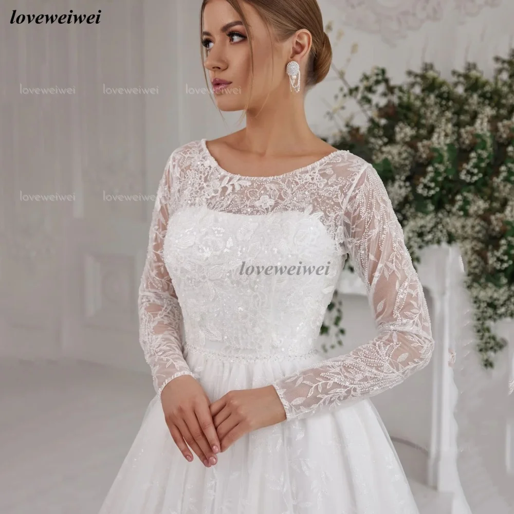 カスタムメイドのウェディングドレス Aライン レース 花嫁ドレス エレガント モダンスタイル スパンコール付きブライダルガウン 長袖 ベスティドス・デ・ノビア