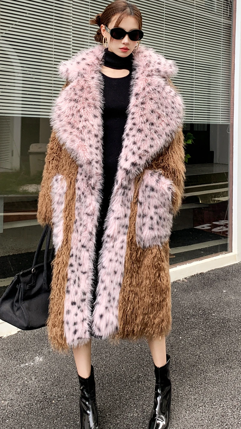 Lady Personalized Stylish Khaki Faux Fur Coat Contrast Color Long Jacket Female Streetwear Women's Winter Performance Costume