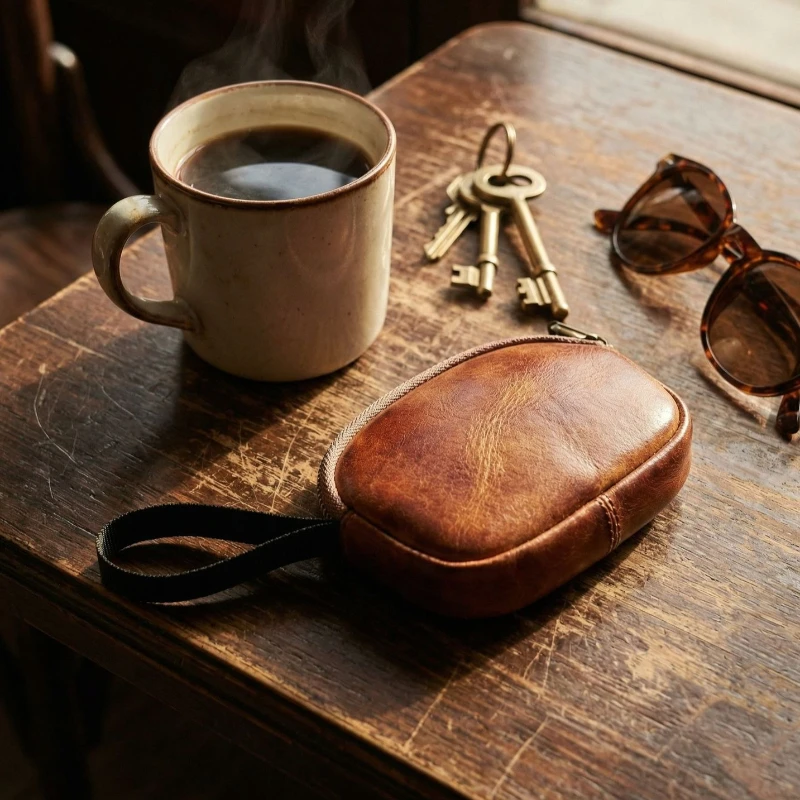 Wrist Strap Genuine Leather Zipper Coin Purse, Vintage Cowhide Mini Pouch, Portable Handheld Wallet for Keys, Coins & Earbuds