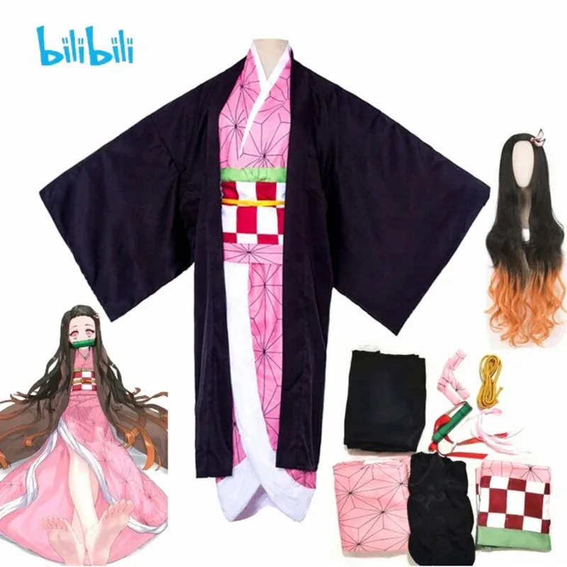 

Bili Kamado Nezuko Cosplay Anime Demon Slayer Nezuko Cosplay Costume Kimono Haori Wig Suit Adult Kids Halloween Costumes