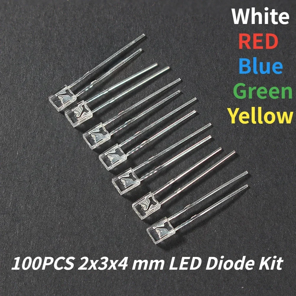 100PCS 2x3x4mm Transparent LED Diode Kit Super Bright Lights 2*3*4 Yellow Green Red White Blue Lighting Bulb Lamp Light