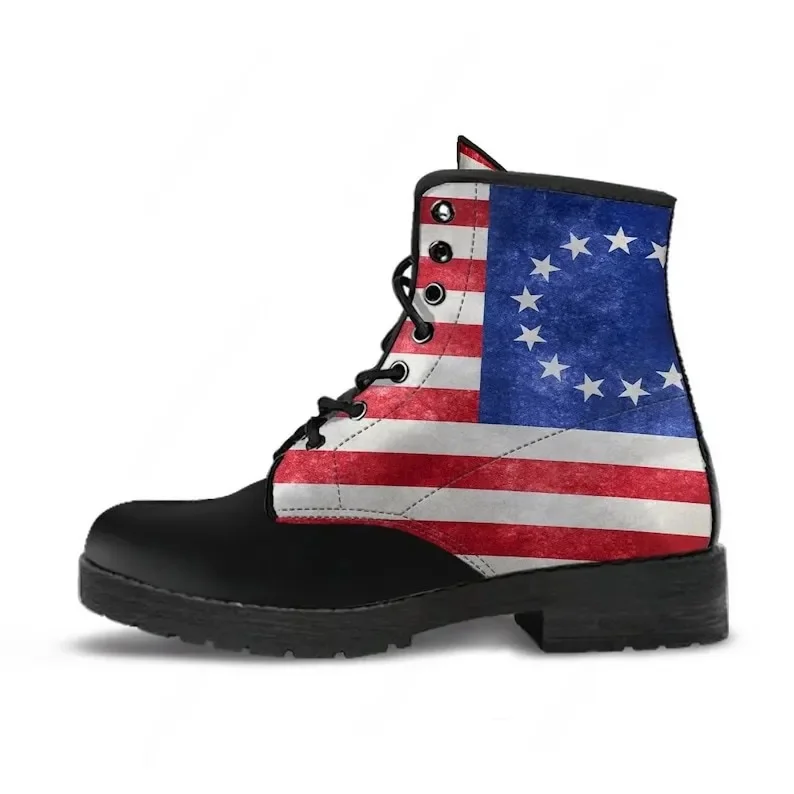 

Betsy Ross Old American Flag Leather Boots, Handcrafted Custom Print, Men's Women's Winter Boots