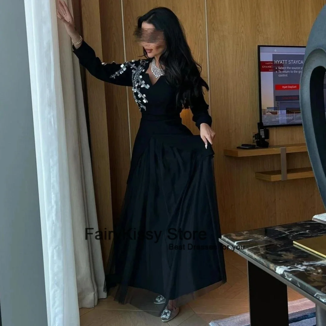 Fairy kissy elegant schwarz eine Linie Ballkleid Frauen Tüll Langarm Pailletten Party Abendkleid benutzer definierte Saudi formelle Anlass Kleid