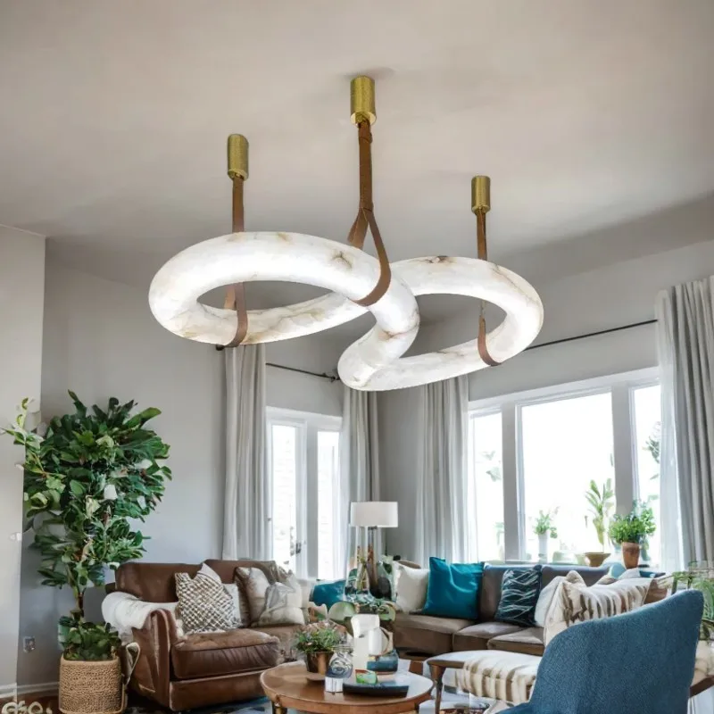

Spain Natural Marble Chandelier Light lustre Alabaster Shaped Brass Ceiling Leather Height adjustable for living room