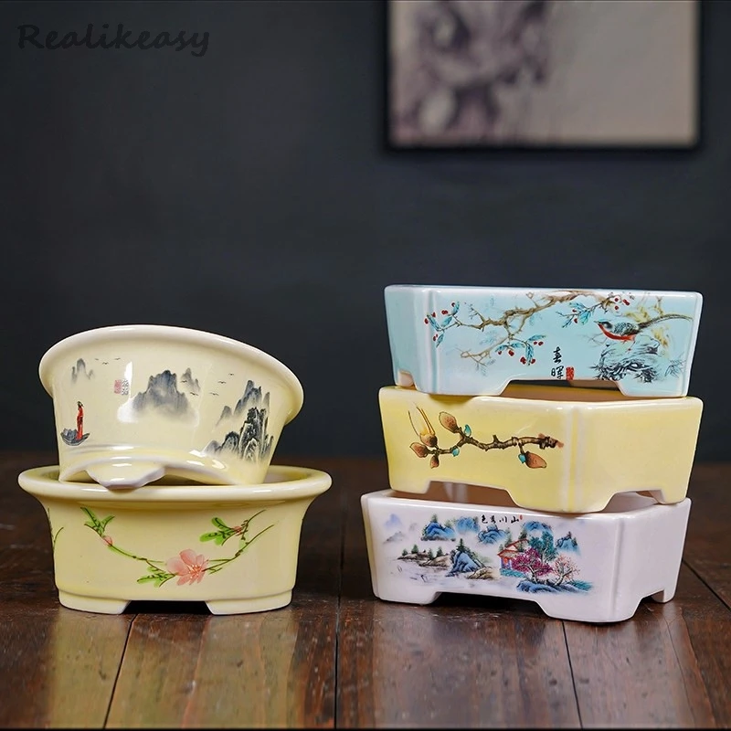 2026 Light Luxury Purple Clay Flower Pot Square Bonsai Flower Pot Colorful Chinese Succulent Flower Pot Home Desktop Decor LJ114