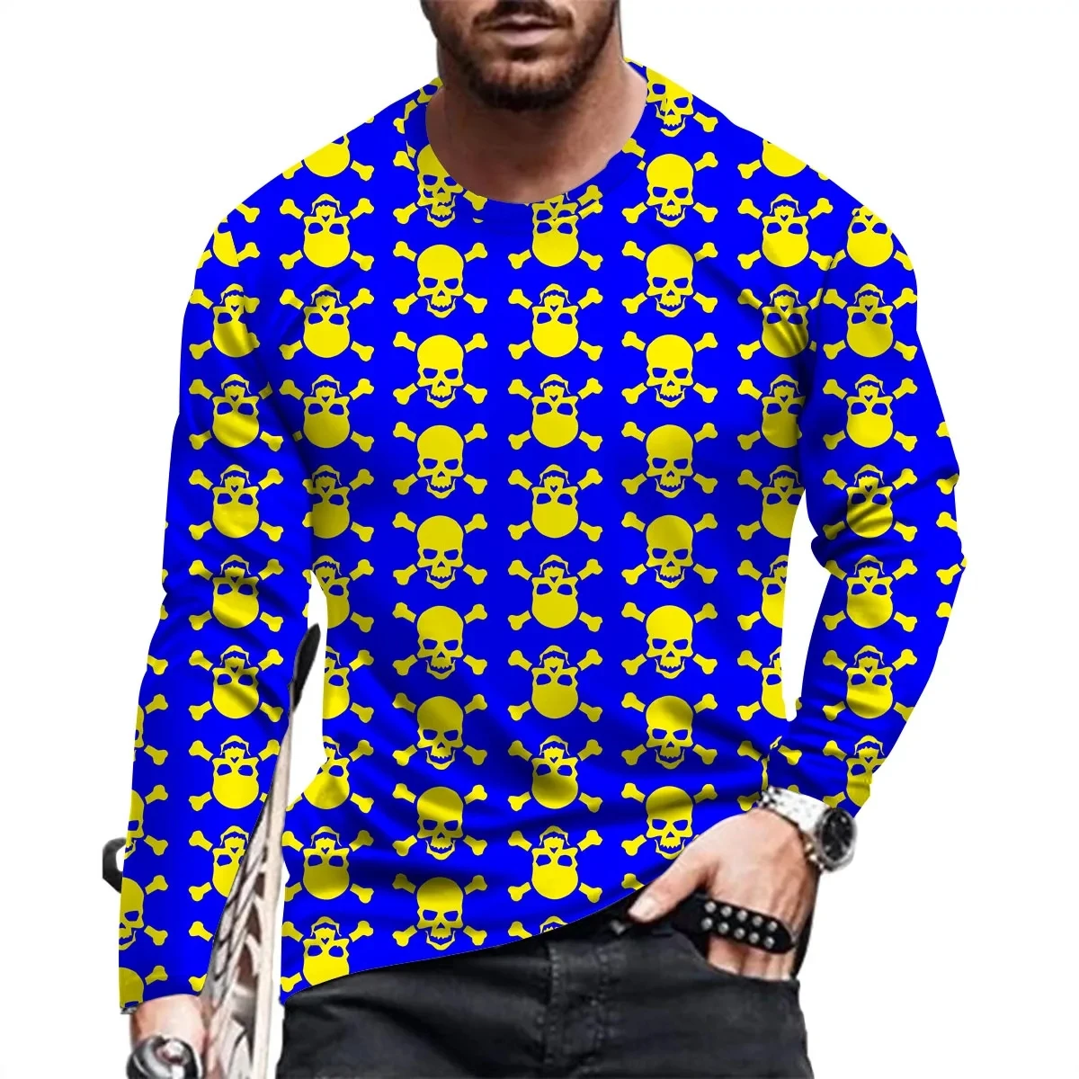 مطبوعة الحجم الأوروبي تي شيرت بأكمام طويلة للرجال الاتجاه الجديد موضة الجمجمة عادية الخريف الجولة الرقبة تيز Y2K الشارع الشهير #1