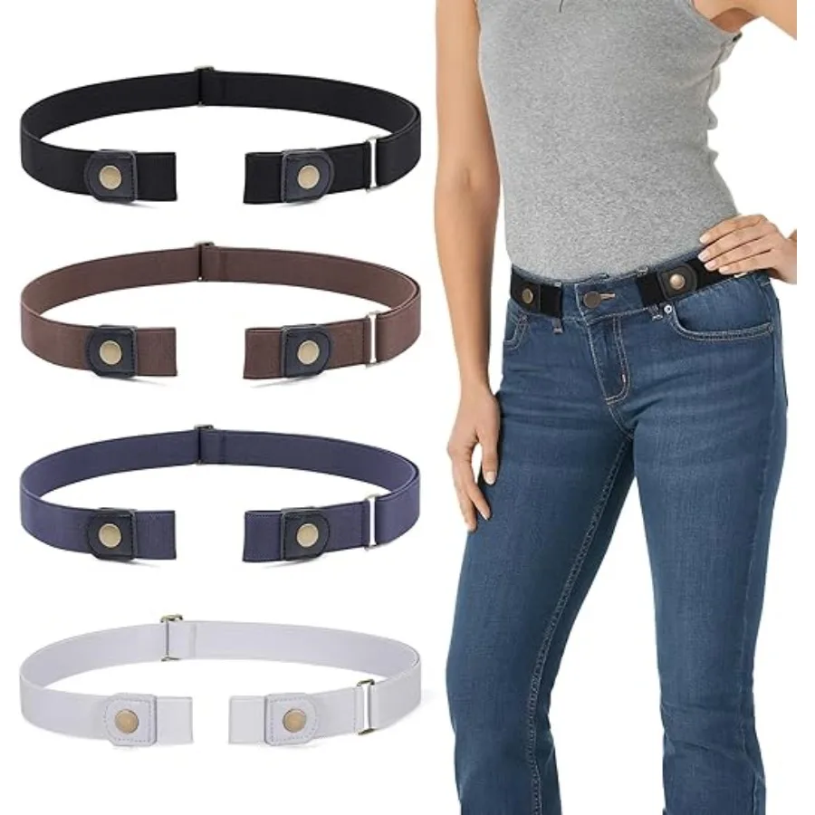 

4 Pack No Buckle Invisible Stretch Belt Buckle-Free Elastic Belt for Women and Men，Suit for waist size 35"-53"，Black+coffee+blue+grey