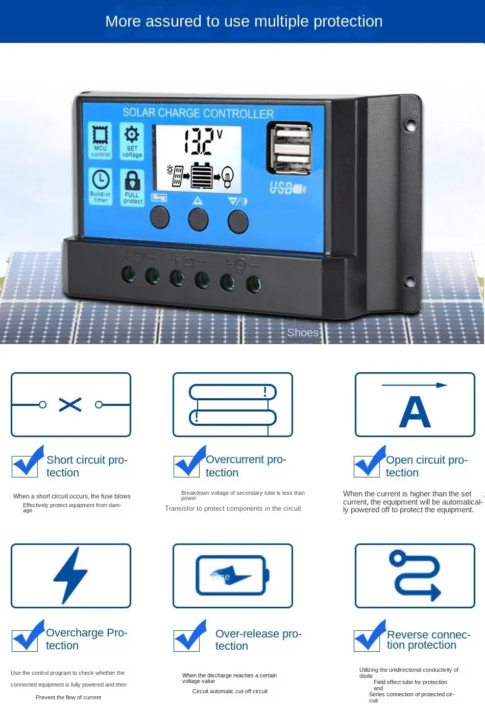 Contrôleur de charge PWM pour panneaux solaires, 12/24V, écran LCD, sortie USB 5V, pour touristes, batterie Sochi 10A 20A 30A 40A 50A 60A