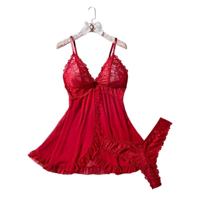 Summer Lace Ruffle Trim  Women's Lingerie Set Sexy Sleepwear See Through V Neck Full Slip Nightdress & Panties Dress Underwear
