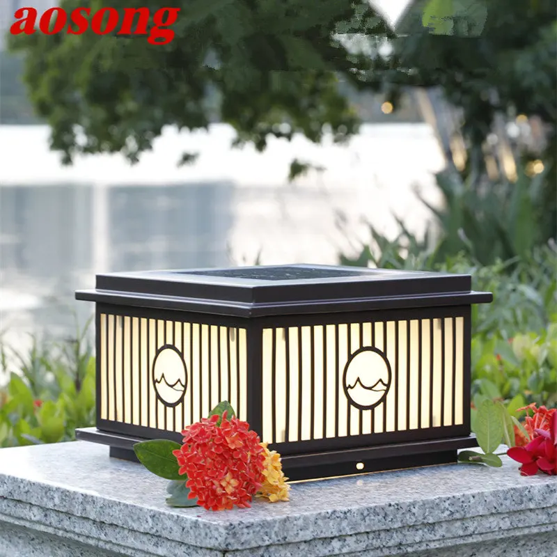 AOSONG Outdoor Solar Post Lamp Vintage Creative Simple Pillar Lights LED Waterproof IP65 for Home Villa Courtyard Porch