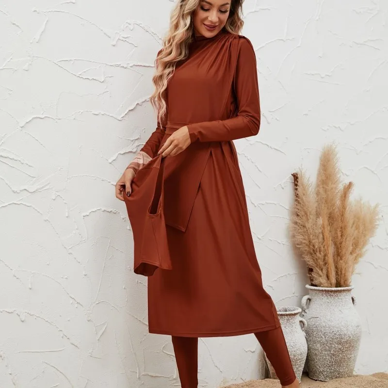 Muslim Swimming Suit Women 3 Piece Set Full Coverage Swimsuit Dress Hijab High Waist Pants Modest Lace Up Islamic Swimwear 4