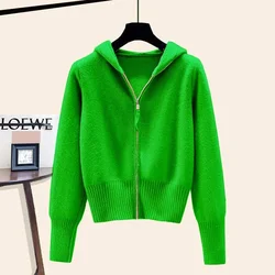 Hooded Sweater Jacket Women Autumn Winter Long Sleeved Double Zipper Soft Waxy Cardigan Sweater With Hat Design Feeling Top V291