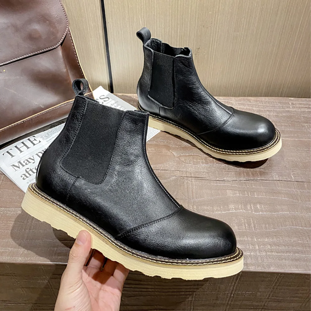 Retro Men's Genuine Leather Chelsea Boots High Top Leather Shoes Outdoor Platform Ankle Western Work Boots Elastic Oxfords