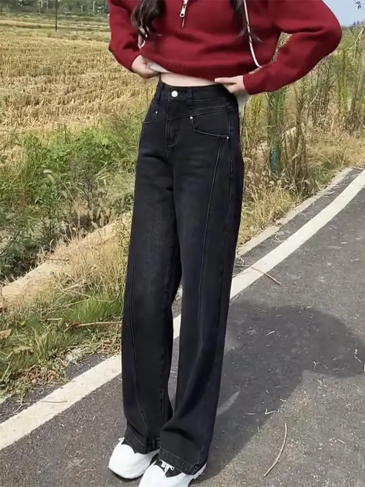 Pantalones vaqueros de pierna recta con forro Fce de talla grande para mujer, pantalones de pierna ancha holgados hasta el suelo, pantalones largos de cintura alta, primavera 2025