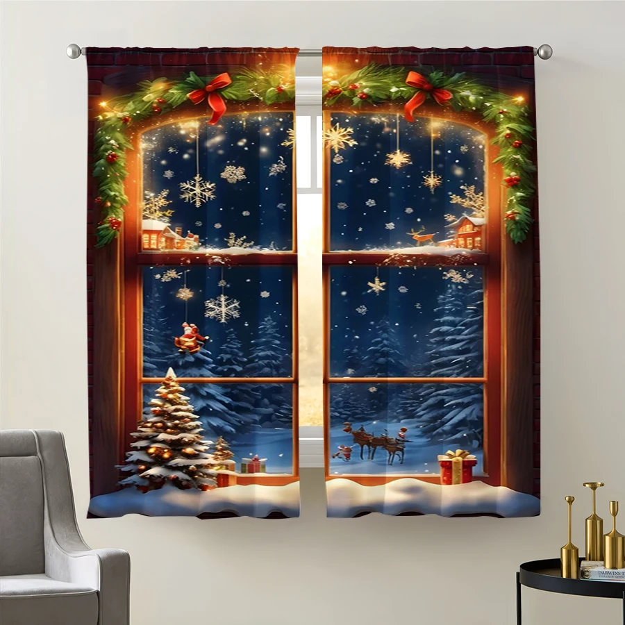 2PCS Christmas Winter Curtains, Window Christmas Snow Scene, Digital Print, Bedroom Living Room, Home Decor Window Drapes