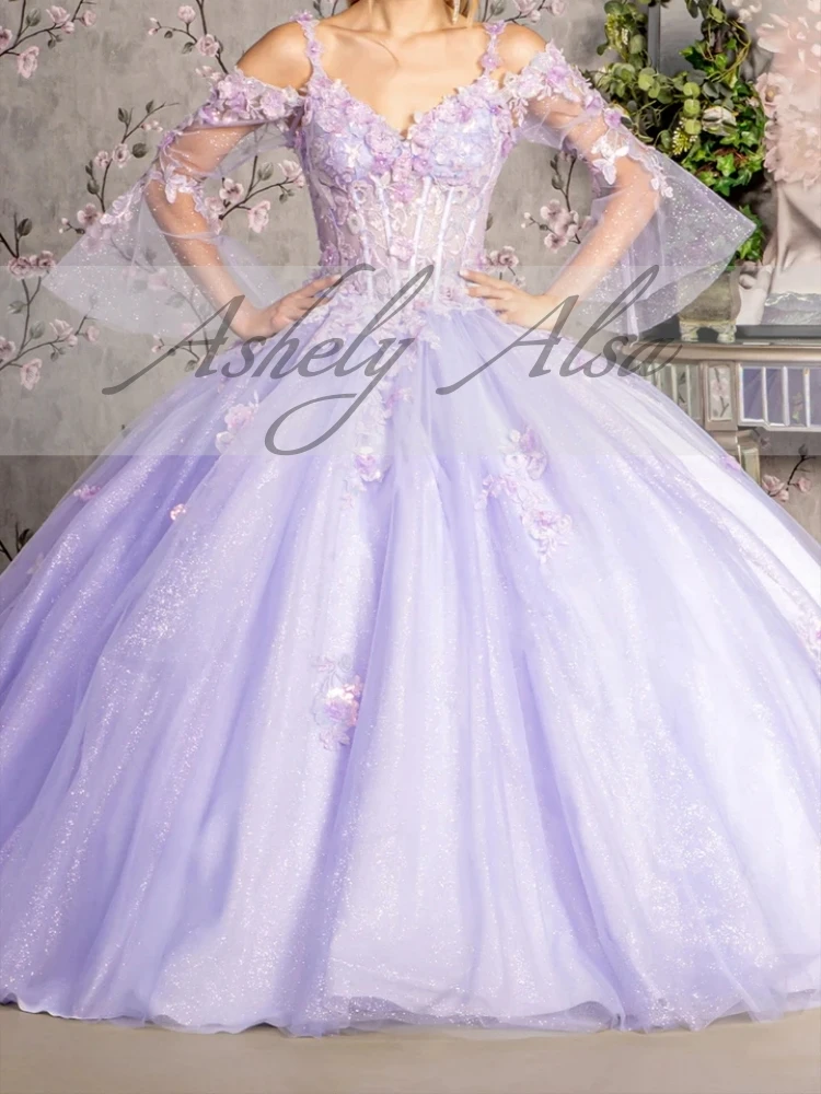 NW32 ที่กําหนดเอง Lilac เจ้าหญิงสาว 15 ชุดวันเกิดปิดไหล่ Applique Puffy Sleeve พรหมโอกาสสวมใส่ Quinceanera