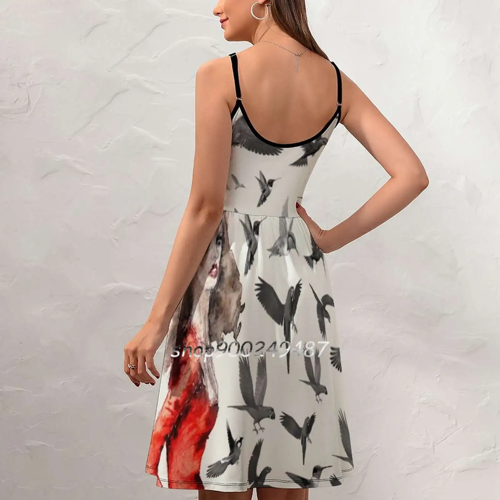 Summer Bird Lady Sling Dress Summer Dress Sling Sexy A Line Dress Fashion Female Dress Birds Red Pelican Sparrow Collage Dove