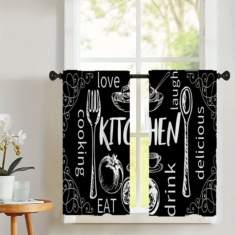 Funny Kitchen Decor Curtain Black Background Cooking Love Eat Drink Laugh Delicious Kitchen Quote Window Curtain
