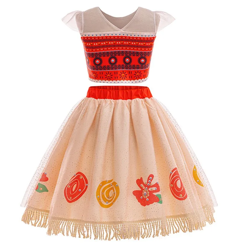 Disney New Moana Short Sleeves Dress for Girls Cosplay Moana Princess Dress Halloween Carnival Party Two Piece Set Costume