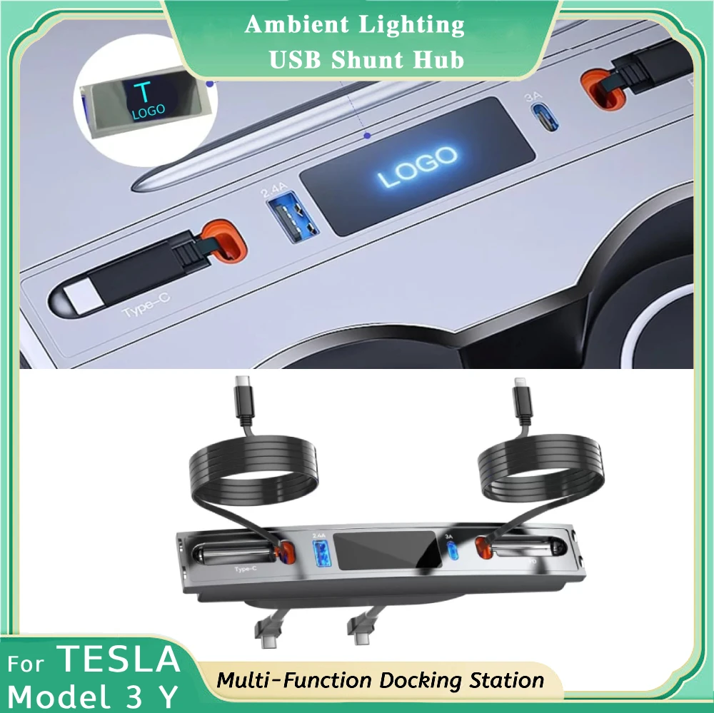 For Tesla Docking Station Intelligent 27W Quick Charger USB Shunt Hub For Model 3 Model Y Central Control Splitter 80cm line