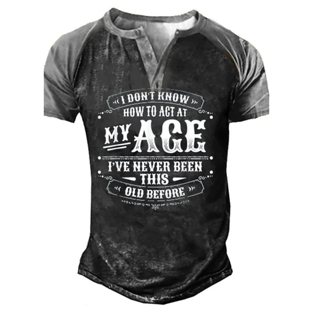 

New Letter 3D Print Vintage Henley Shirts Men's Casual Fashion Streetwear Oversized Short Sleeve T Shirt Man Tees Tops Clothing
