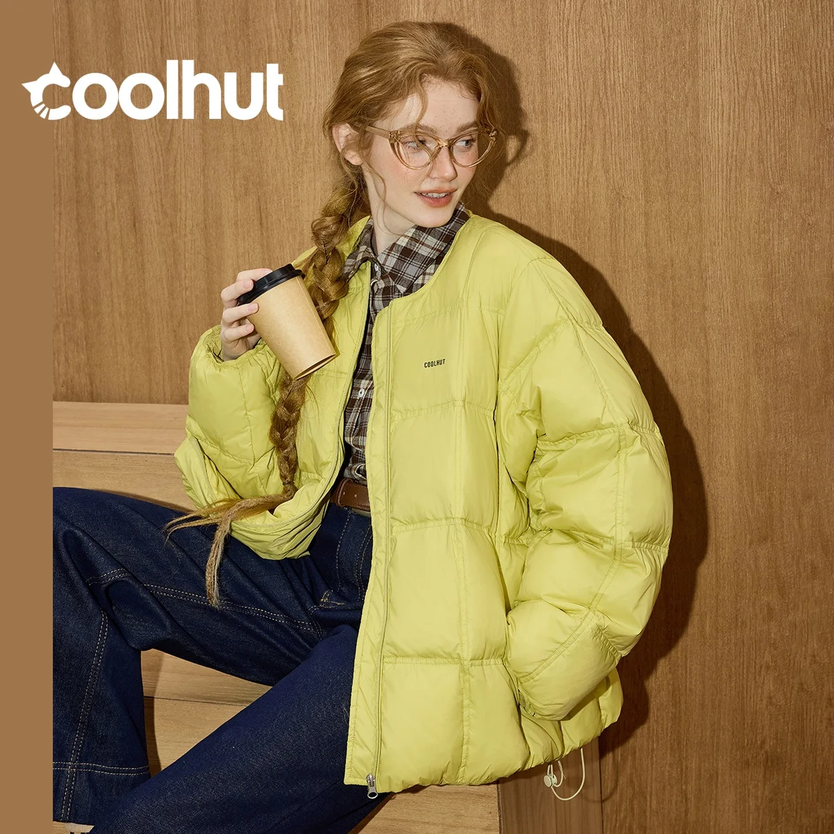 

COOLHUT Puff Square Quilted Women's Down Coat Winter High-Pile Round Collar Jacket 90% White Duck Down Fill Soft Casual Parka