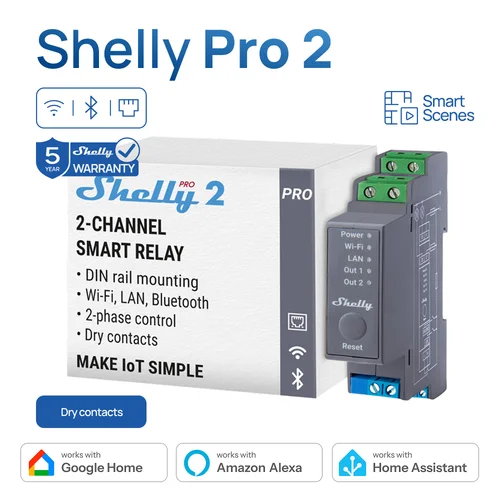 Imagen 1 del producto Shelly Pro 2 WiFi Módulo de relé inteligente de 2 canales Contactos secos Aparato de iluminación profesional Automatización Integración perfecta 25A