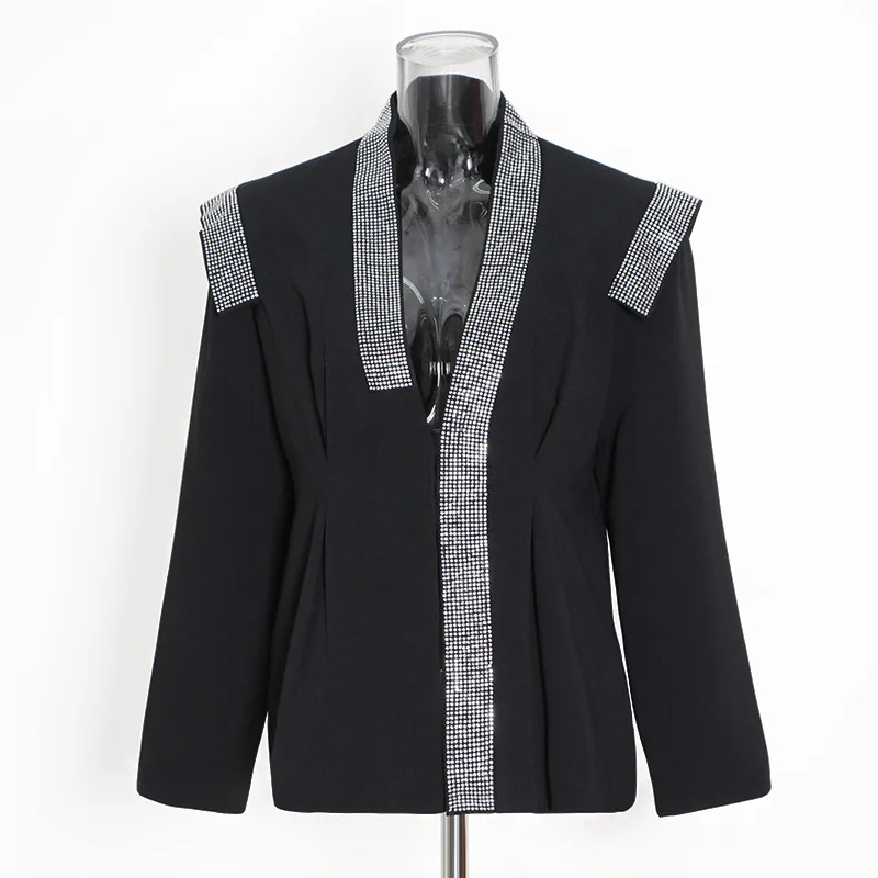 ZAMOR HIGH STREET Women's Runway Blazer Rhinestone Splicing Shoulder Pad Long Sleeve Heavy-Duty Design Single-Breasted Suit Jack
